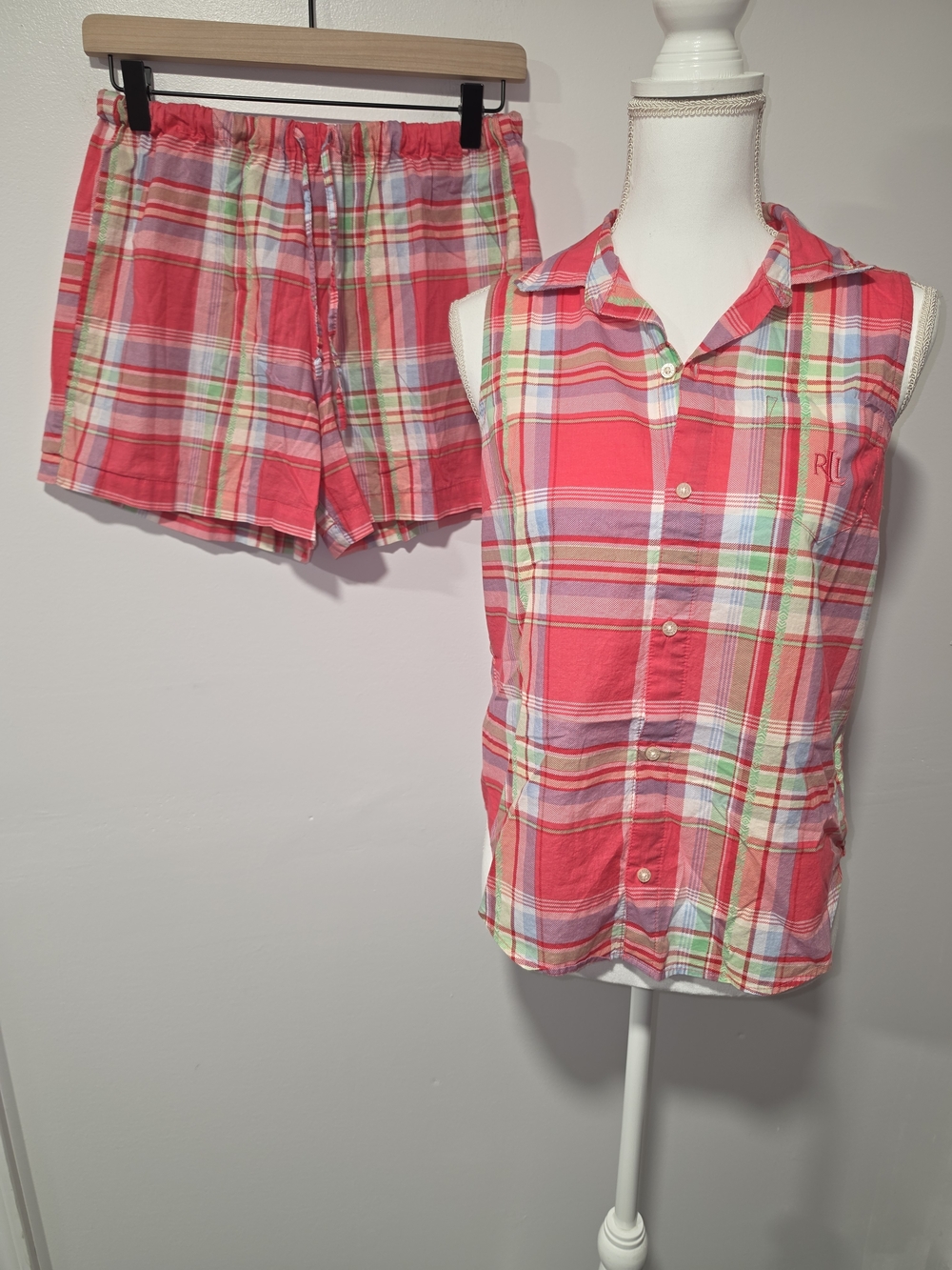 Lauren Ralph Lauren 100% Cotton Coral Plaid Sleeveless Button Up Pajama Set SZ S